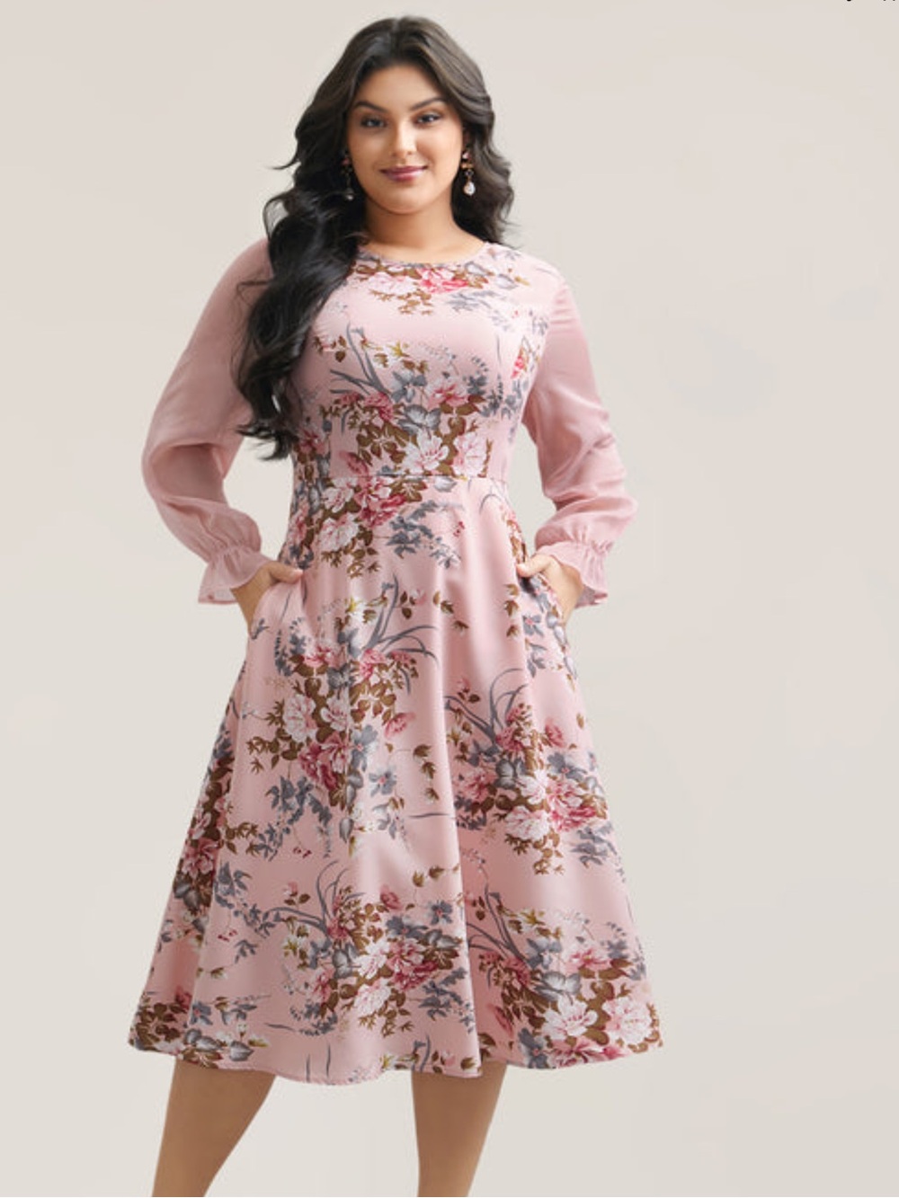 BloomChic Blush Pink Floral Long-Sleeve Midi Dress